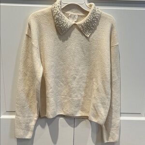 H&M Cream Sweater with Pearl-Embellished Collar